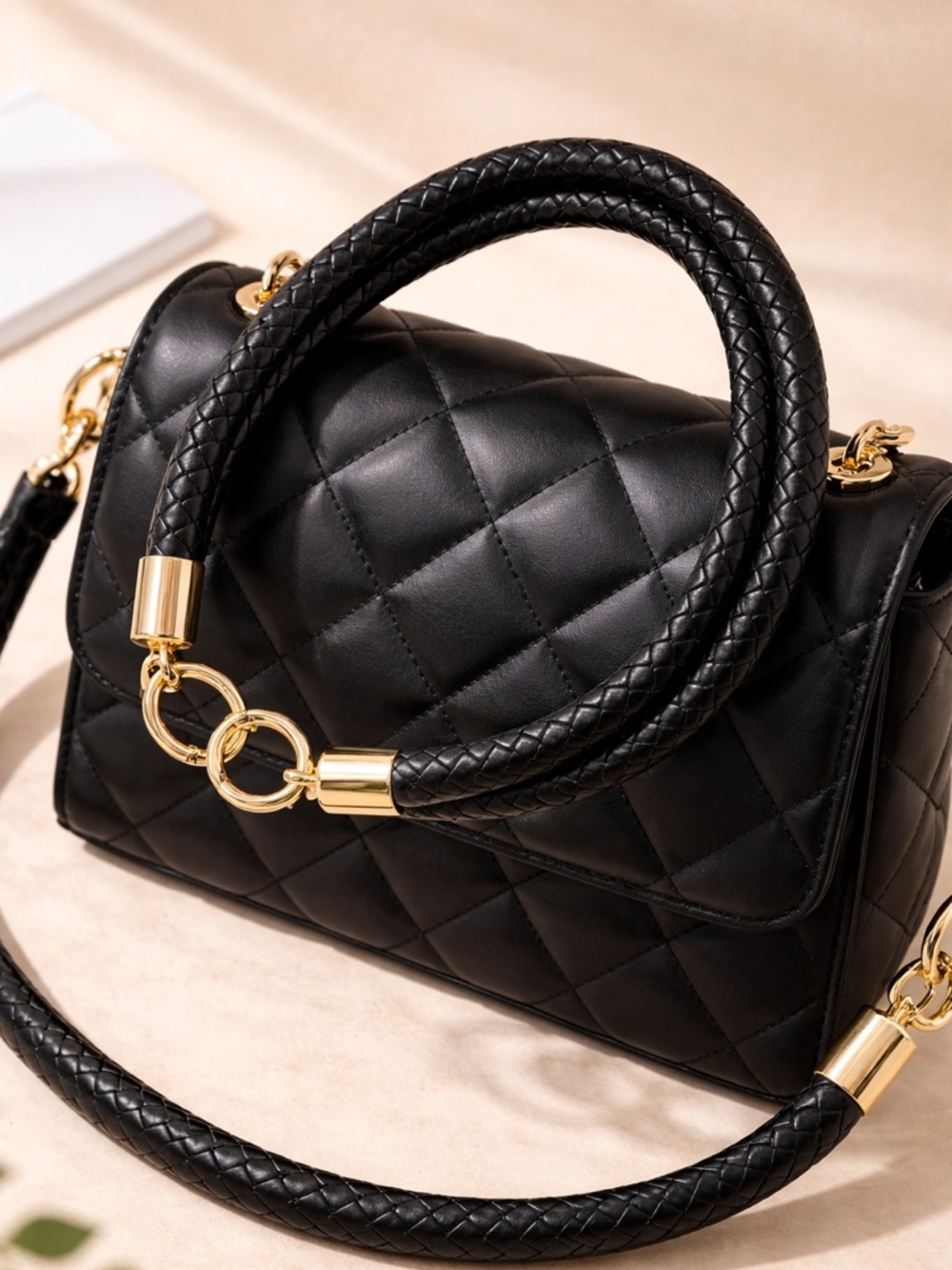 Braided Black Faux Leather Strap with Gold Hardware NEW in waterproof bag